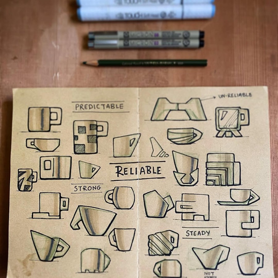 Sketchbook page of solid, geometric mugs grouped as predictable, strong and steady.