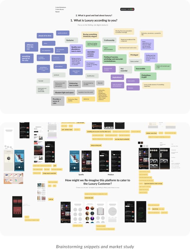 Brainstorming boards and market study snippets.