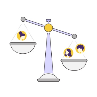 A balance scale weighing one designer against two.
