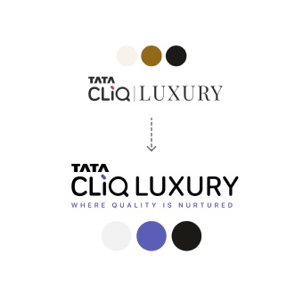 The old Tata CLiQ Luxury logo and gold palette, with an arrow to the new logo and violet palette.