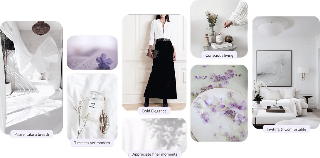 A mood board of calm, airy interiors, soft florals and monochrome fashion, labelled with feelings like 'Pause, take a breath' and 'Timeless yet modern'.