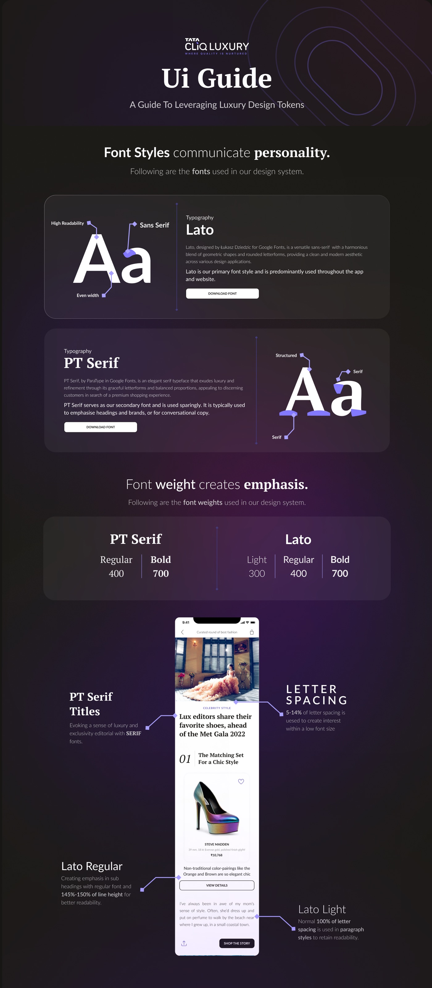 The UI guide, part one: font styles and weights, showing how Lato and PT Serif give the product its personality.