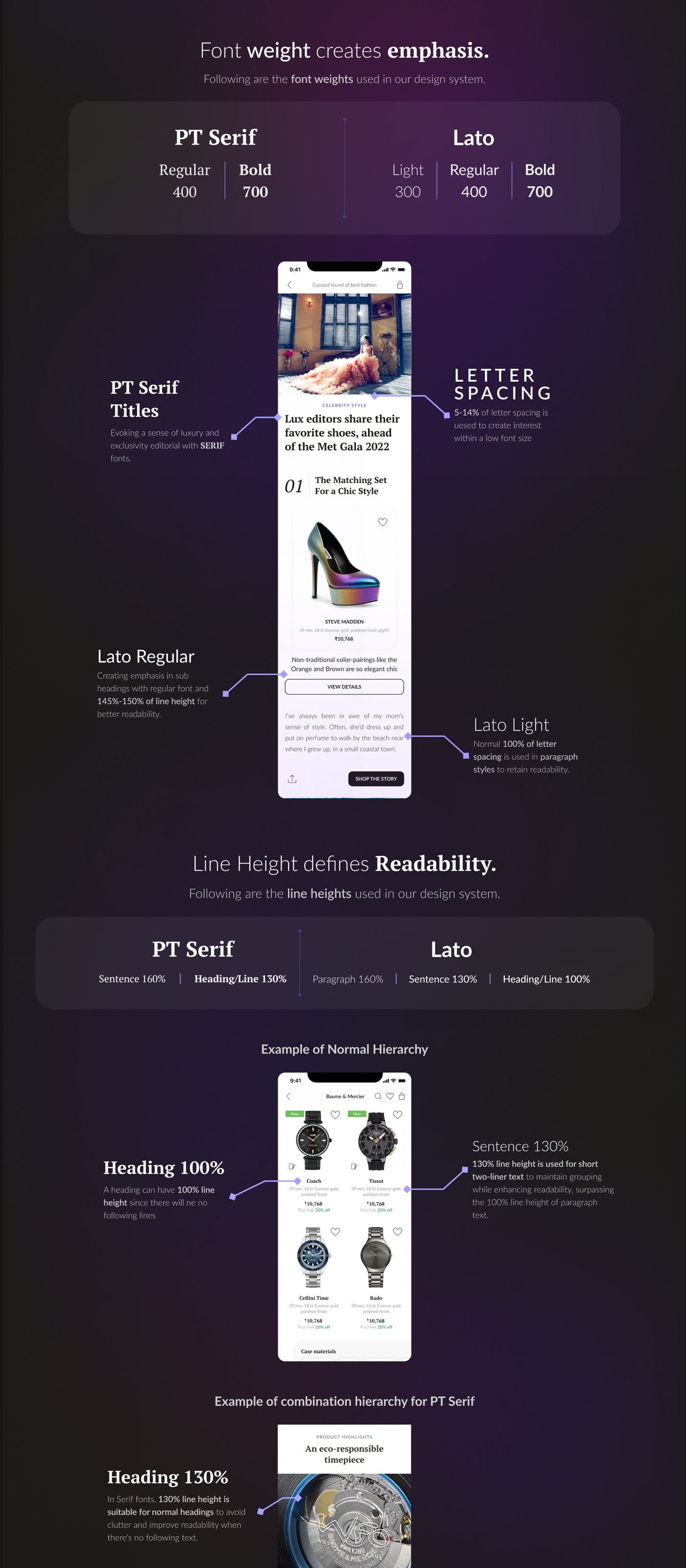The UI guide, part two: weights, letter spacing and line heights, with annotated product screens.