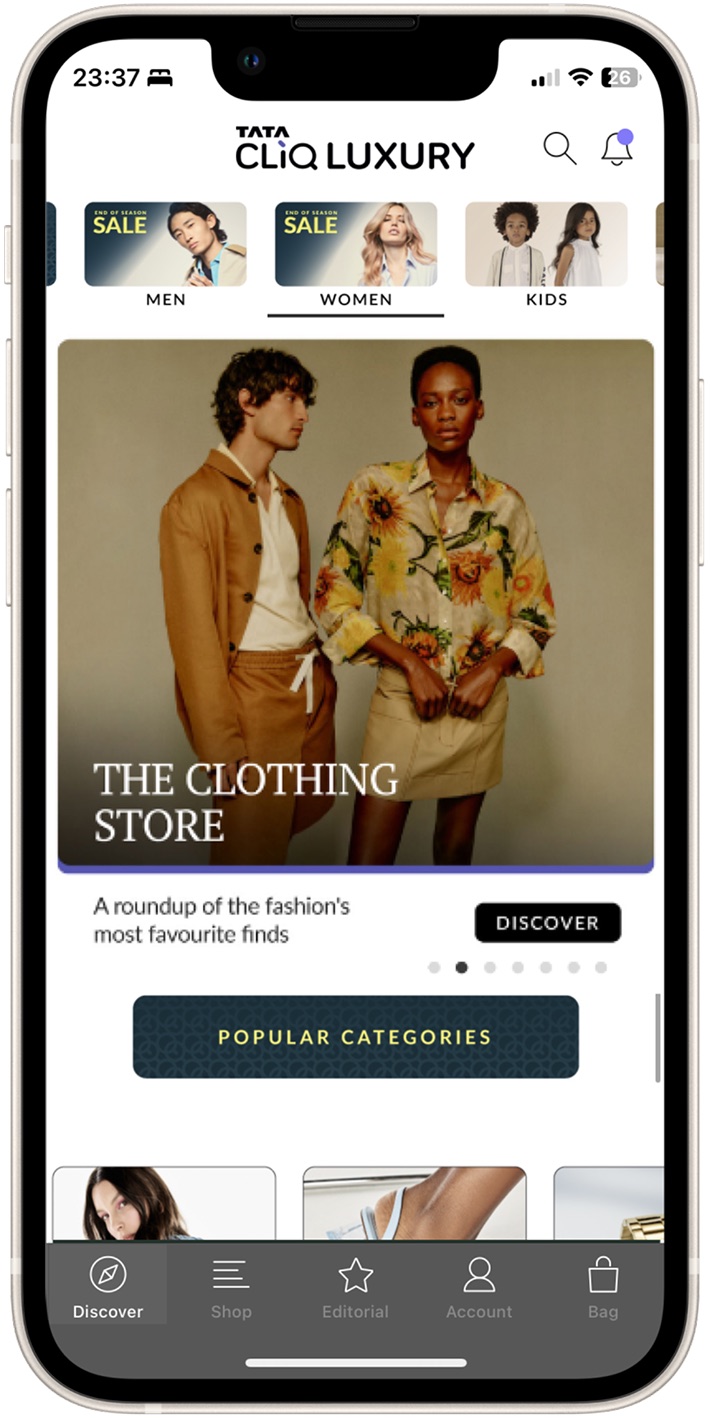 The old Tata CLiQ Luxury app homepage: a long page of stacked banners.