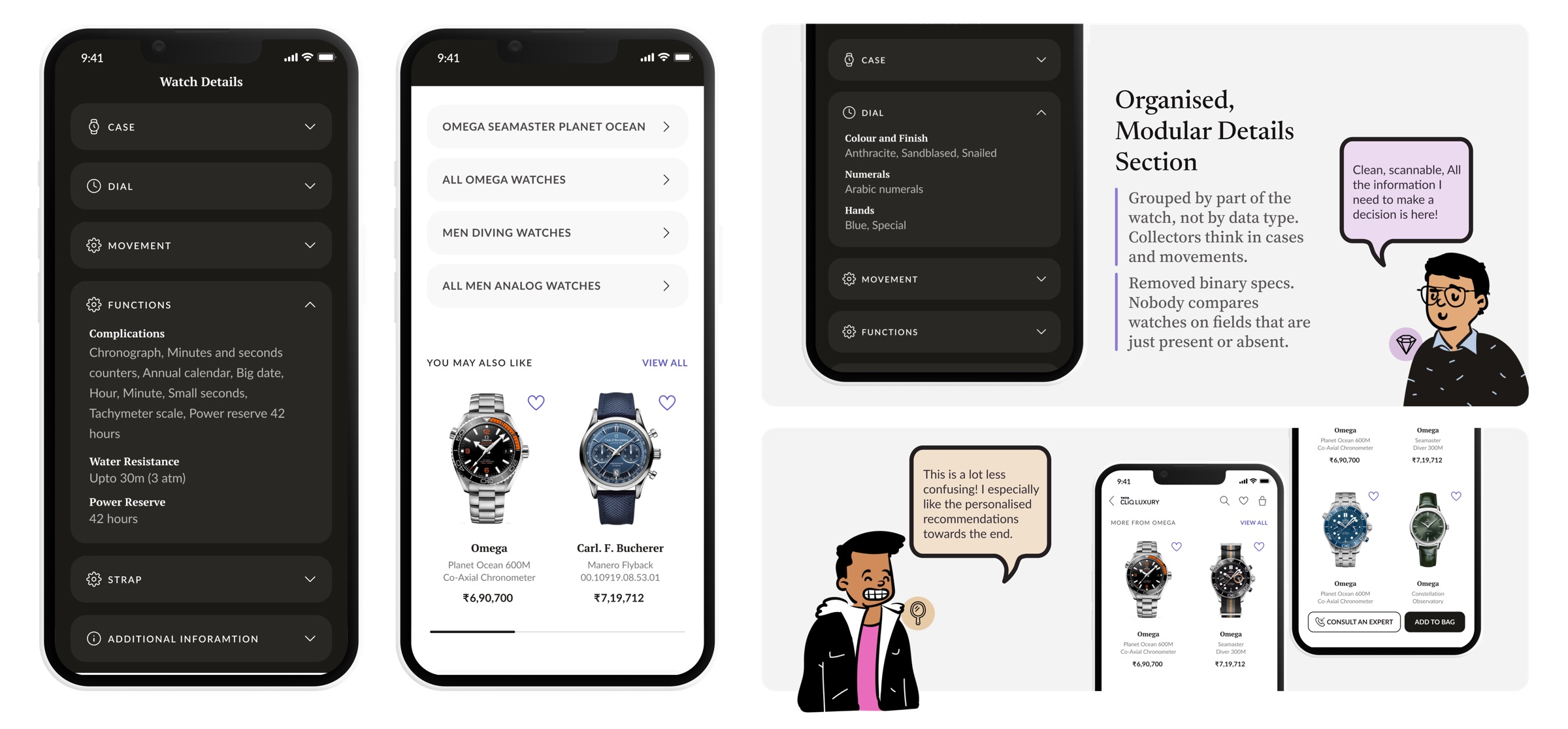 Watch details grouped into case, dial, movement, functions and strap, alongside more-from-this-brand recommendations.
