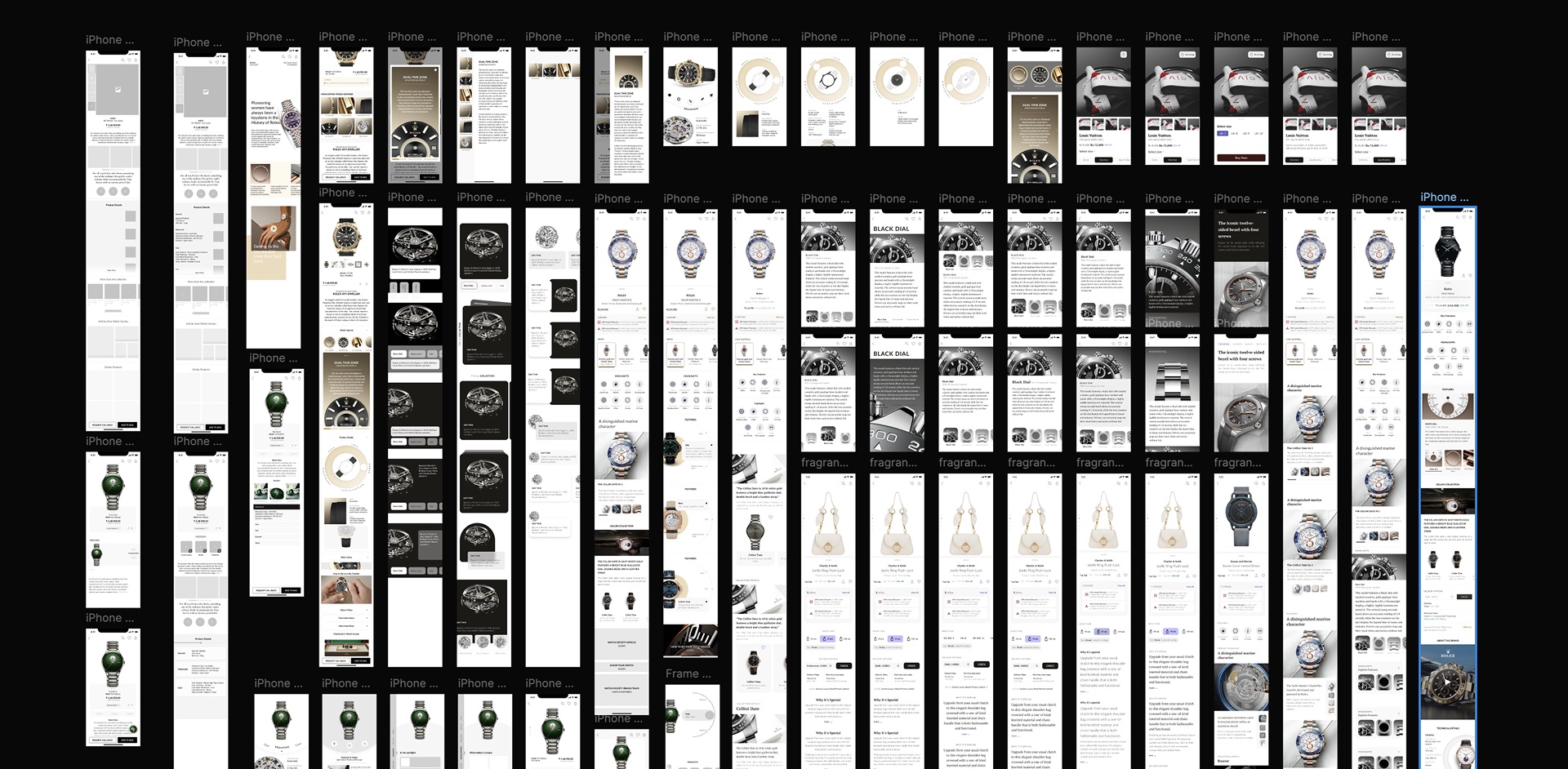 Six exploratory product page concepts for watches, showing different ways to tell the story of a dial, movement and case.