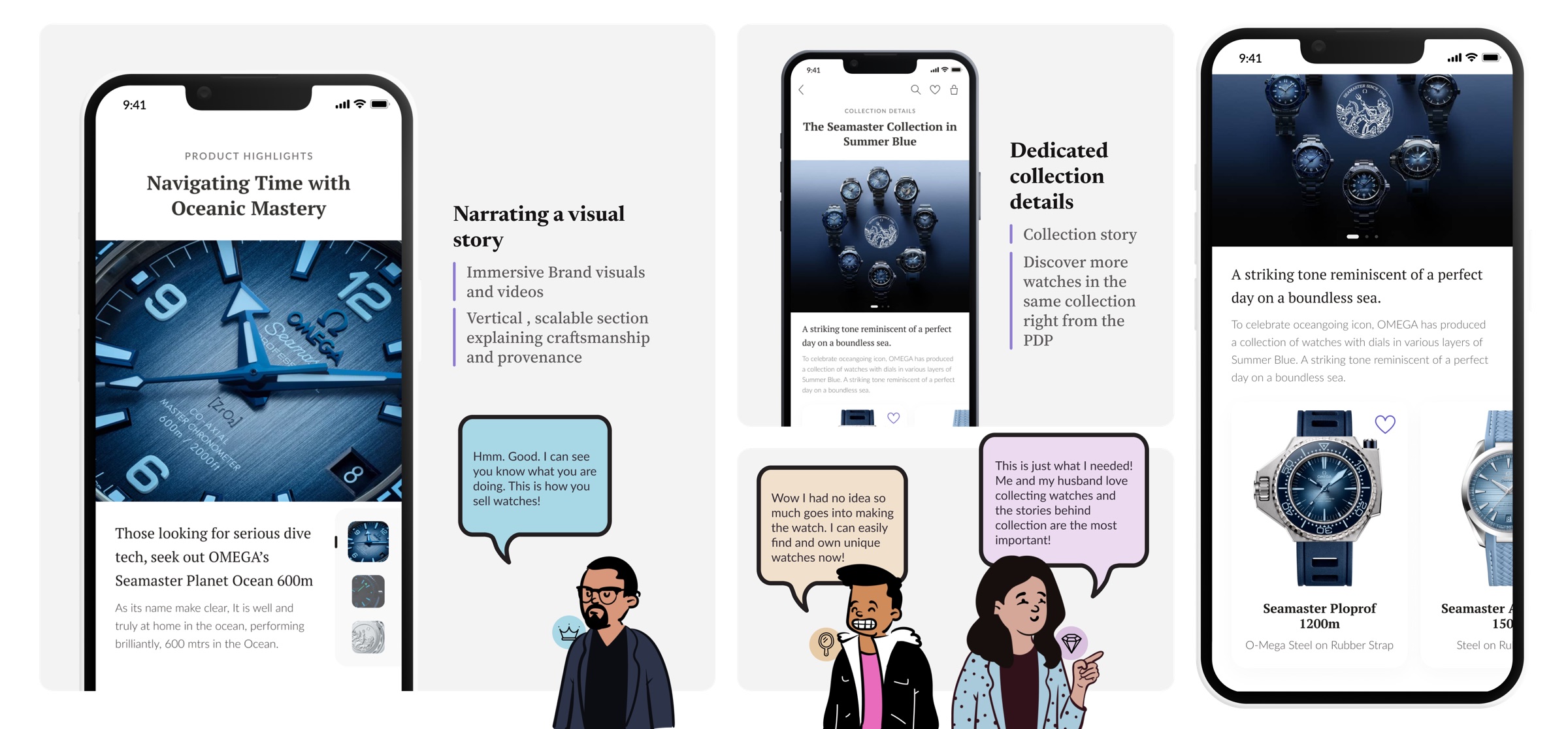 Product page screens where the watch tells its own story through immersive brand visuals, a collection narrative, and related pieces from the same collection.